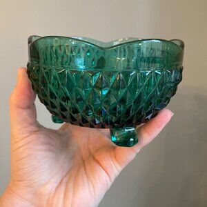 Vintage Diamond Point Teal Three-Toed Glass Bon Bon Dish